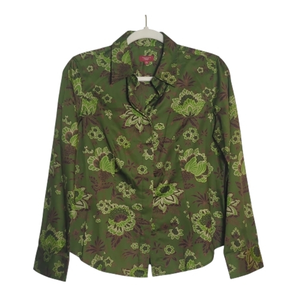 Talbots Medium Green Floral Print Button Down Fitted Shirt Indie Sleaze Retro